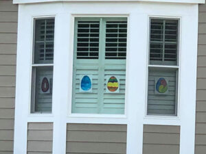 Photo of Easter egg drawings in window