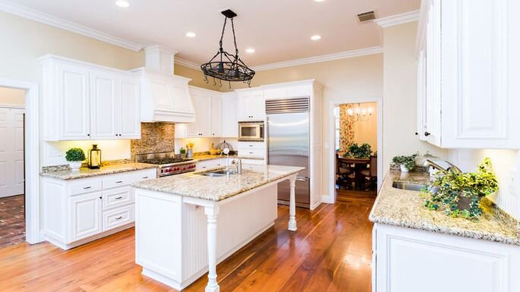 Photo of kitchen with white cabinets and hardwood floors