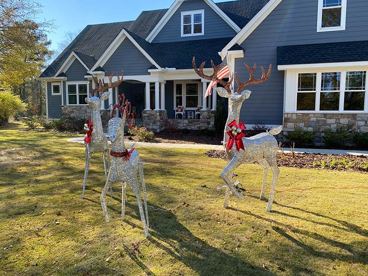 Photo of reindeer decorations in front yard of home